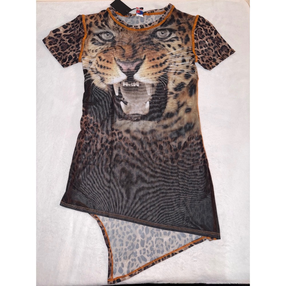 Save the Faith Mesh Leopard Print Asymmetrical Mini Dress Cover Up NWT XS Tunic